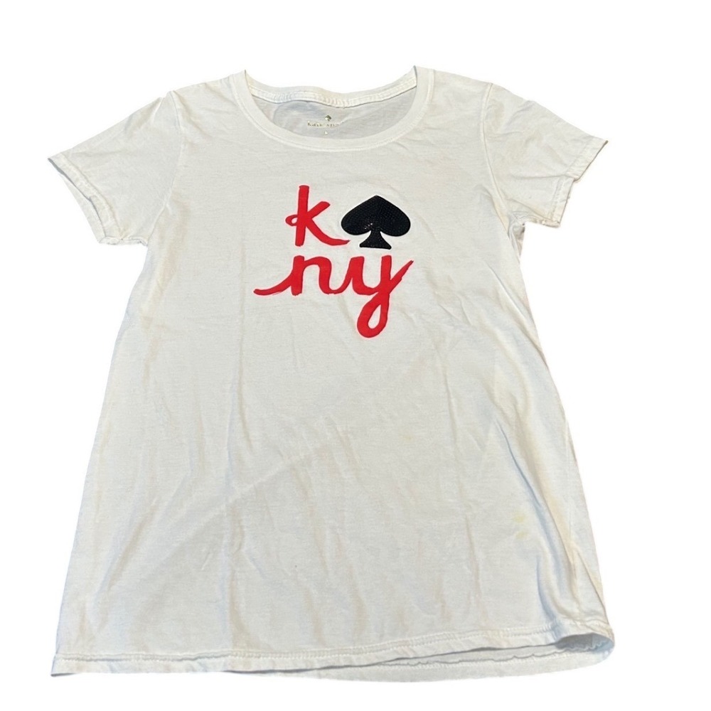 Kate Spade New York White Sequin Spade Logo Graphic T-Shirt Large F538